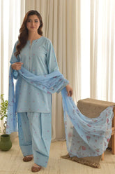 BrandsInn-3PC DHANAK EMBROIDERED SHIRT WITH COURTRAI PRINTED SHAWL AND EMB TROUSER-BI-4255